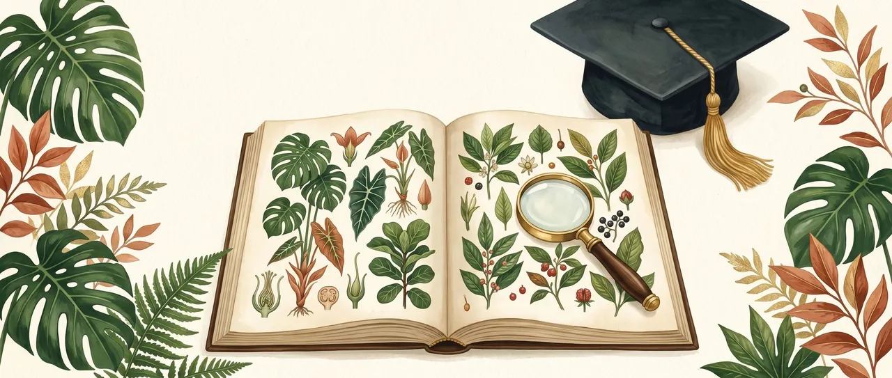 Illustration: Lehrbuch mit botanischen Zeichnungen, Lupe und Doktorhut